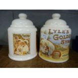 A pair of fire Derbyshire Potteries lidded jars, advertising **PLEASE NOTE THIS LOT IS NOT