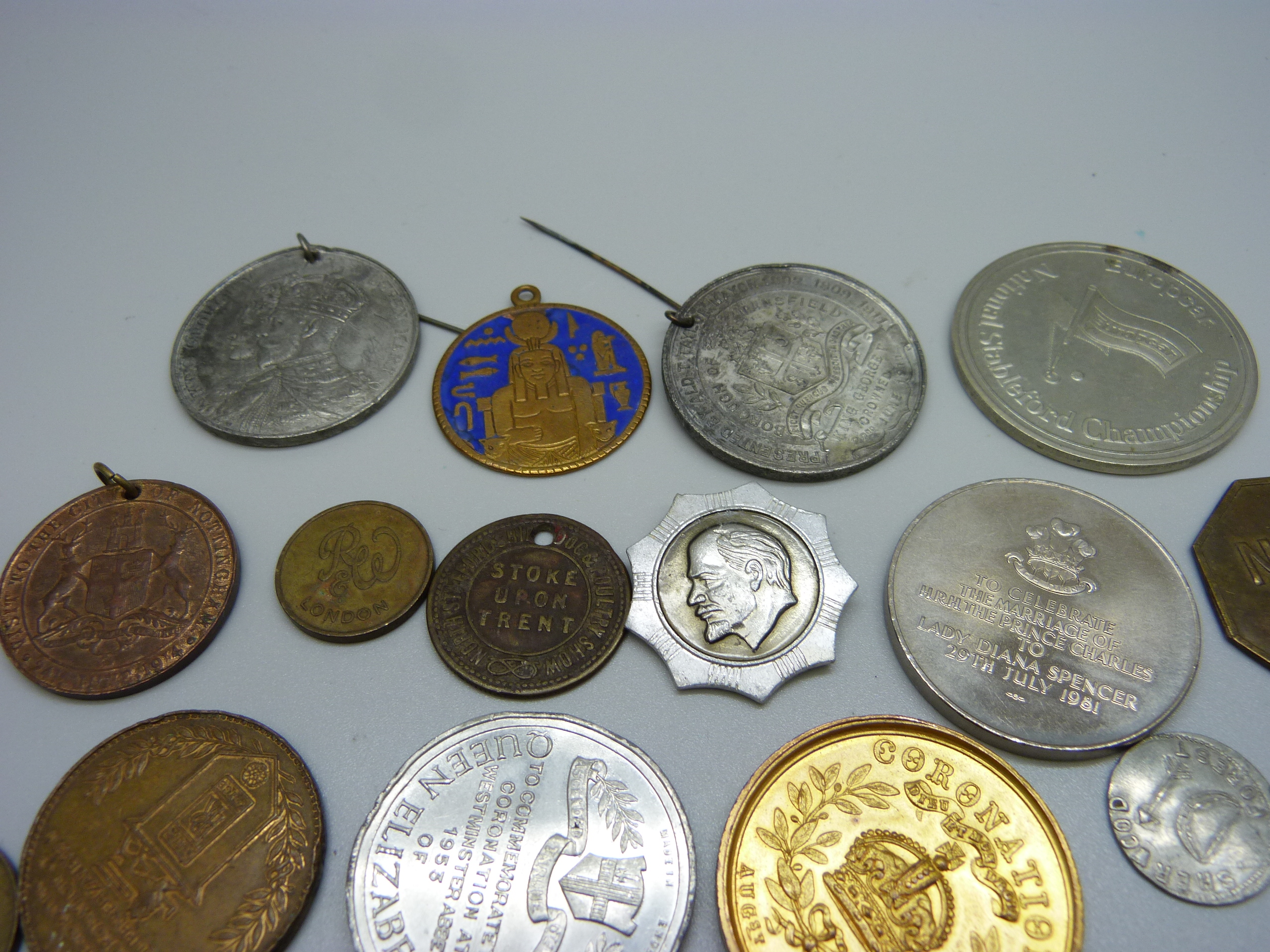 A George III penny counter, stamped Lloyds Weekly Newspaper and assorted commemoratives, medallions, - Image 2 of 3