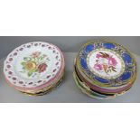 A collection of 19th Century and later cabinet plates including hand painted with bouquets of