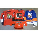 Three NHL jerseys, New York Islanders, Ottawa Senators and Centurions and an Ottawa Senators childr