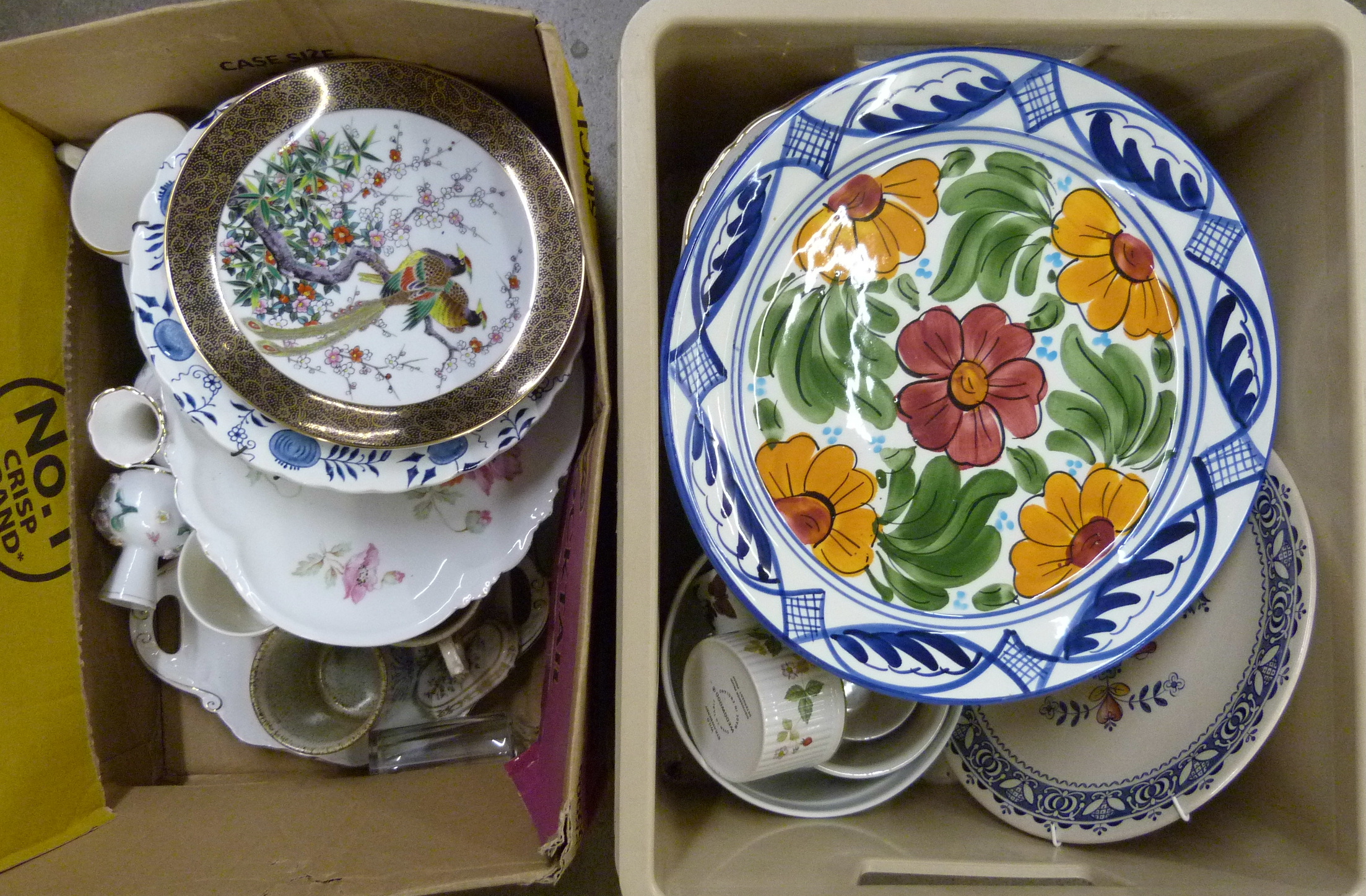 Two boxes of assorted china, decorative plates, Royal commemorative cups, Portmeirion Botanic Garden