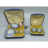 A collection of Wedgwood jasperware and silver mounted jewellery and a white metal cameo ring