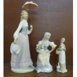 A Lladro figure of a girl holding an umbrella and two Spanish figures