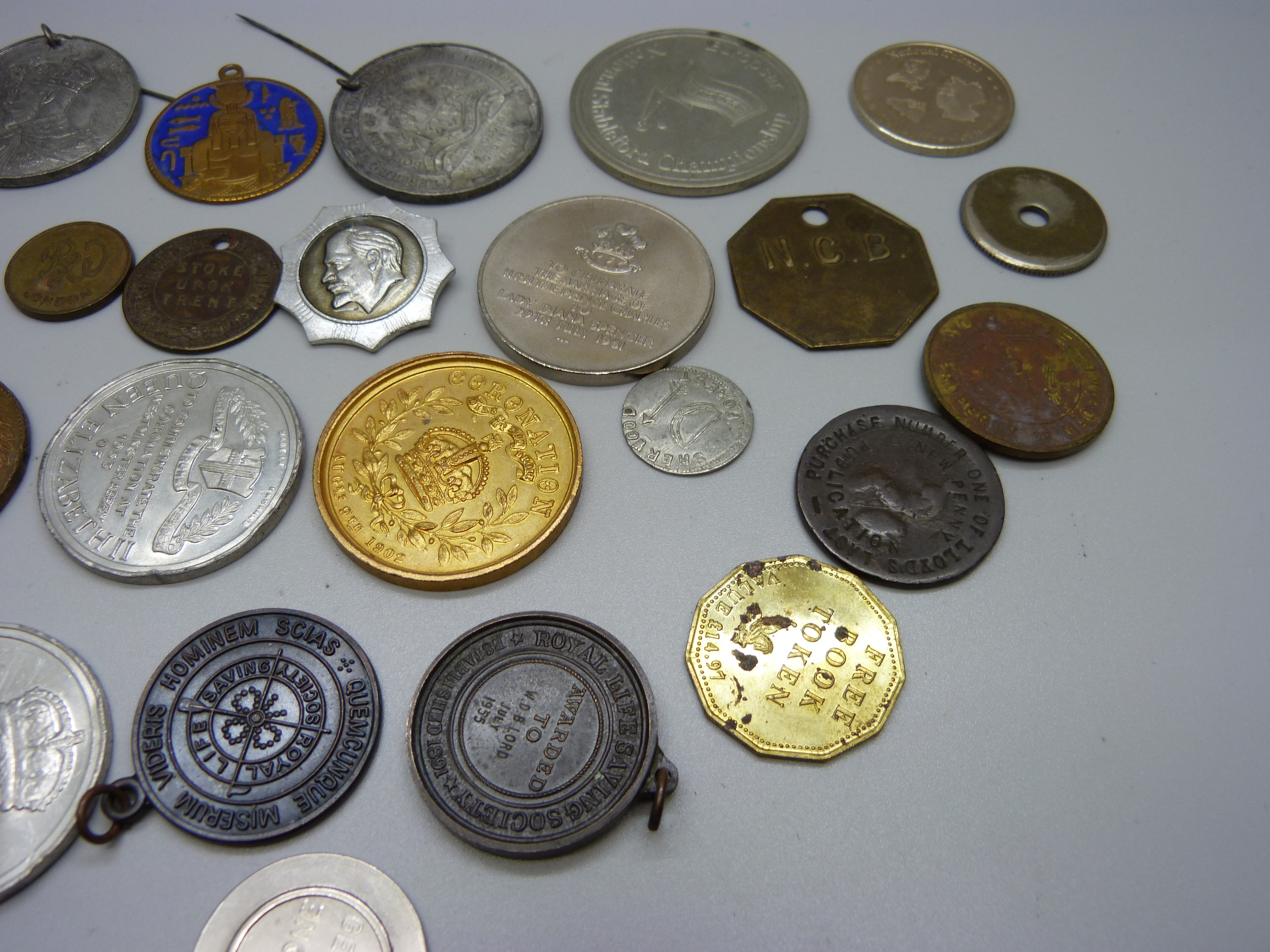 A George III penny counter, stamped Lloyds Weekly Newspaper and assorted commemoratives, medallions, - Image 3 of 3