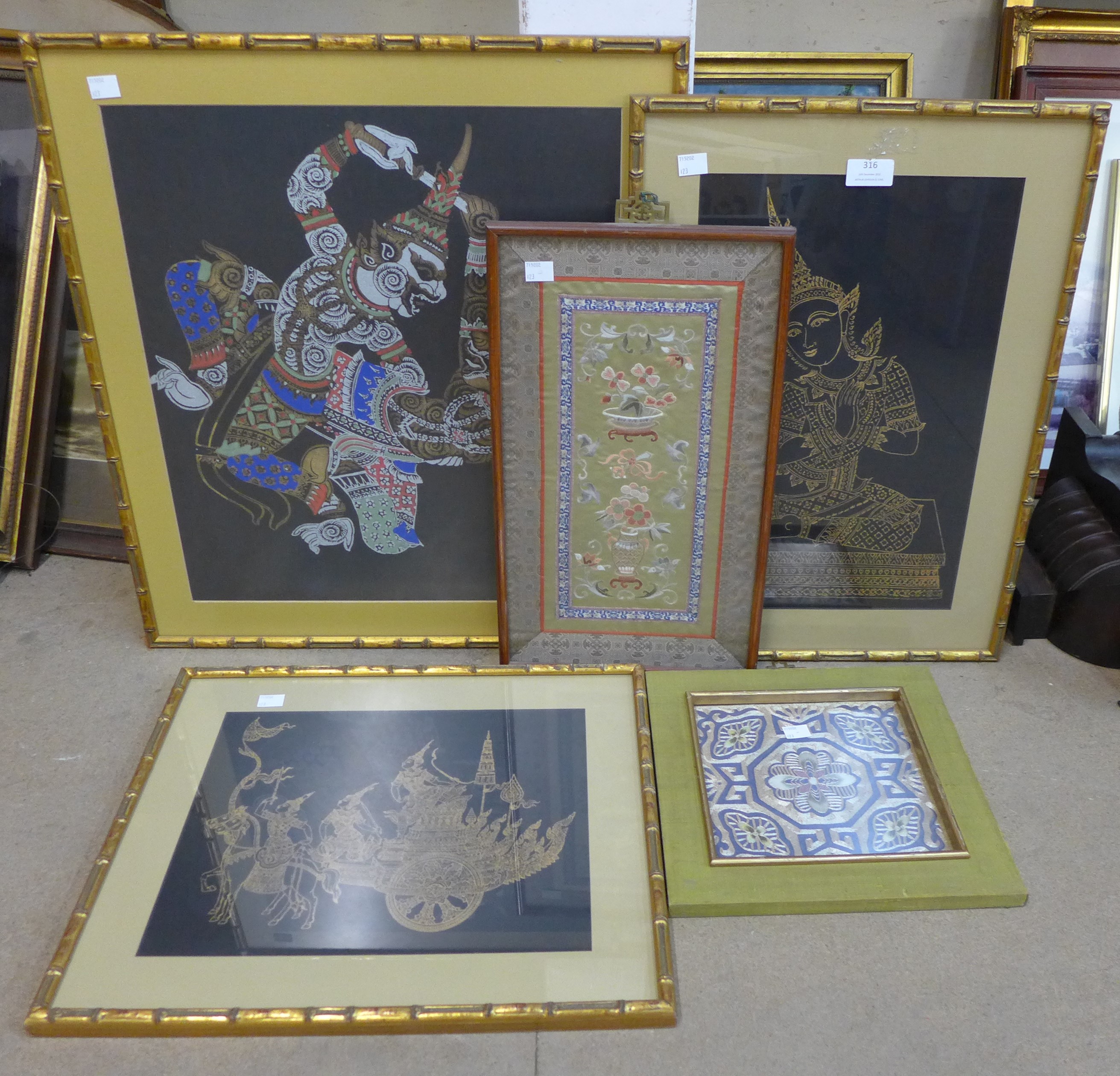 Five Chinese silk embroideries