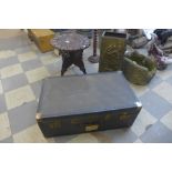 A small vintage steamer trunk, a brass stick stand and an eastern hardwood folding occasional table