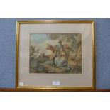 Continental School, naive scene with figures and farm animals, watercolour, framed