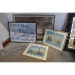 A pair of Alan Moore marine scene etchings, a Digby Page river landscape, oil on canvas and an