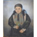 Eastern European School, naive portrait of a girl, pastel, framed