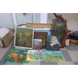 Assorted unframed oil paintings, prints, etc.