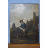 A Continental School, Old Master style portrait of labourer in a courtyard, oil on canvas laid on