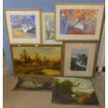 Assorted oils, watercolours and prints