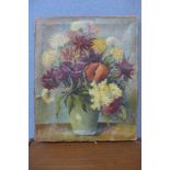British School, still life of flowers in a vase, oil on canvas, unframed