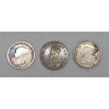 Three coins, Charles II one pence and two Victorian 1½ pence coins, 1839 and 1842