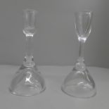 Two signed Swedish art glass candlesticks designed by Vickie Lindstrand for Kosta, 16cm high