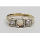 A 9ct gold, opal and white stone ring, 1.3g, M