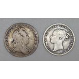 Two sixpence coins, George I 1723 and Victoria 1869