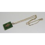 A 9ct gold and jade pendant and chain, chain 2.0g