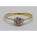 A 1920's 18ct gold and diamond cluster ring, 1.6g, R