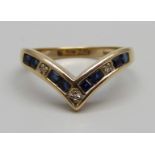 A 9ct gold, sapphire and diamond wishbone ring, 2.0g, L