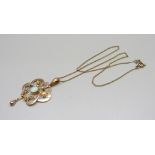 A vintage Art Nouveau 9ct gold and opal pendant and chain, 4.0g