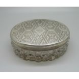 A silver topped cut glass trinket box, 52g silver, London 1859, Victoria Head