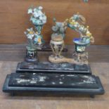 Four Chinese jade and gem set bonsai tree decorations and stands