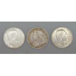Three one shilling coins, 1896, 1902 and 1906