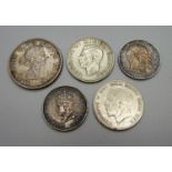 A collection of silver coins, 1904 One Florin, 1928 and 1942 Half Crowns, 1927 Australia One