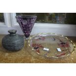 A large glass dish, amethyst glass vase and a studio pottery vase