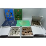 A collection of 20th Century British coins and two mint presentation packs, 1972 and 1975