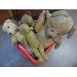 Seven old Teddy bears, some straw filled and a/f