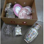 Mixed china, glassware, a wooden oriental figure and postcards **PLEASE NOTE THIS LOT IS NOT