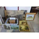 Assorted paintings and prints, including a W. Meredith (1851-1916) charcoal landscape, a folio, etc.
