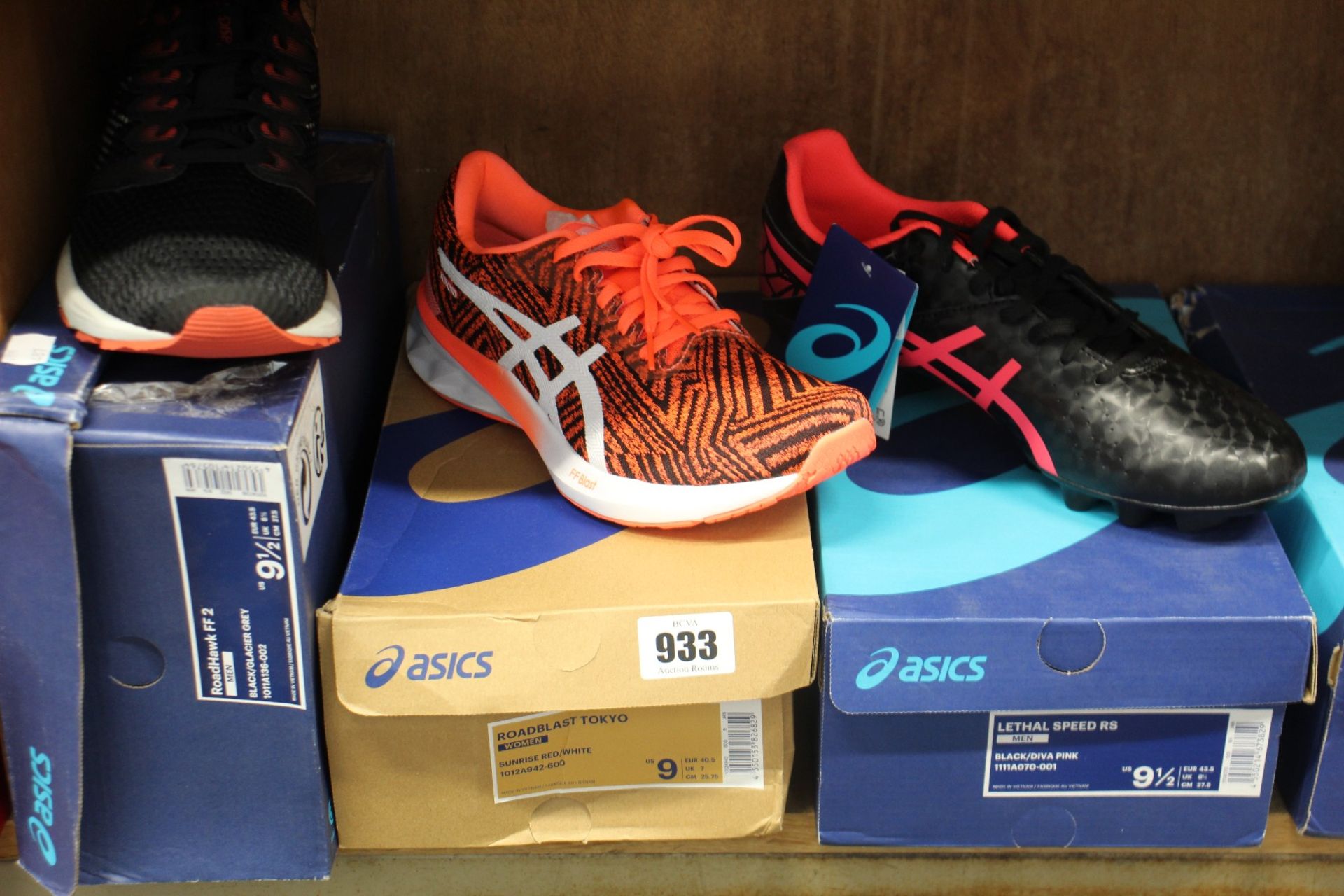 Three pairs of men's as new Asics trainers; RoadHawk FF 2 (UK 8.5), Leathal Speed RS (UK 8.5) and