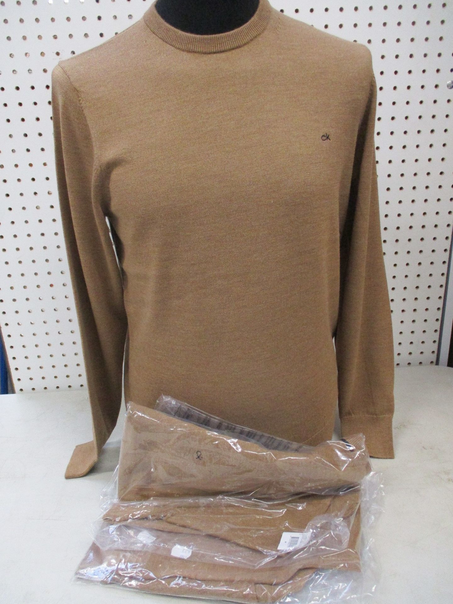 Two as new Calvin Klein superior wool crew neck sweaters in caramel (L).