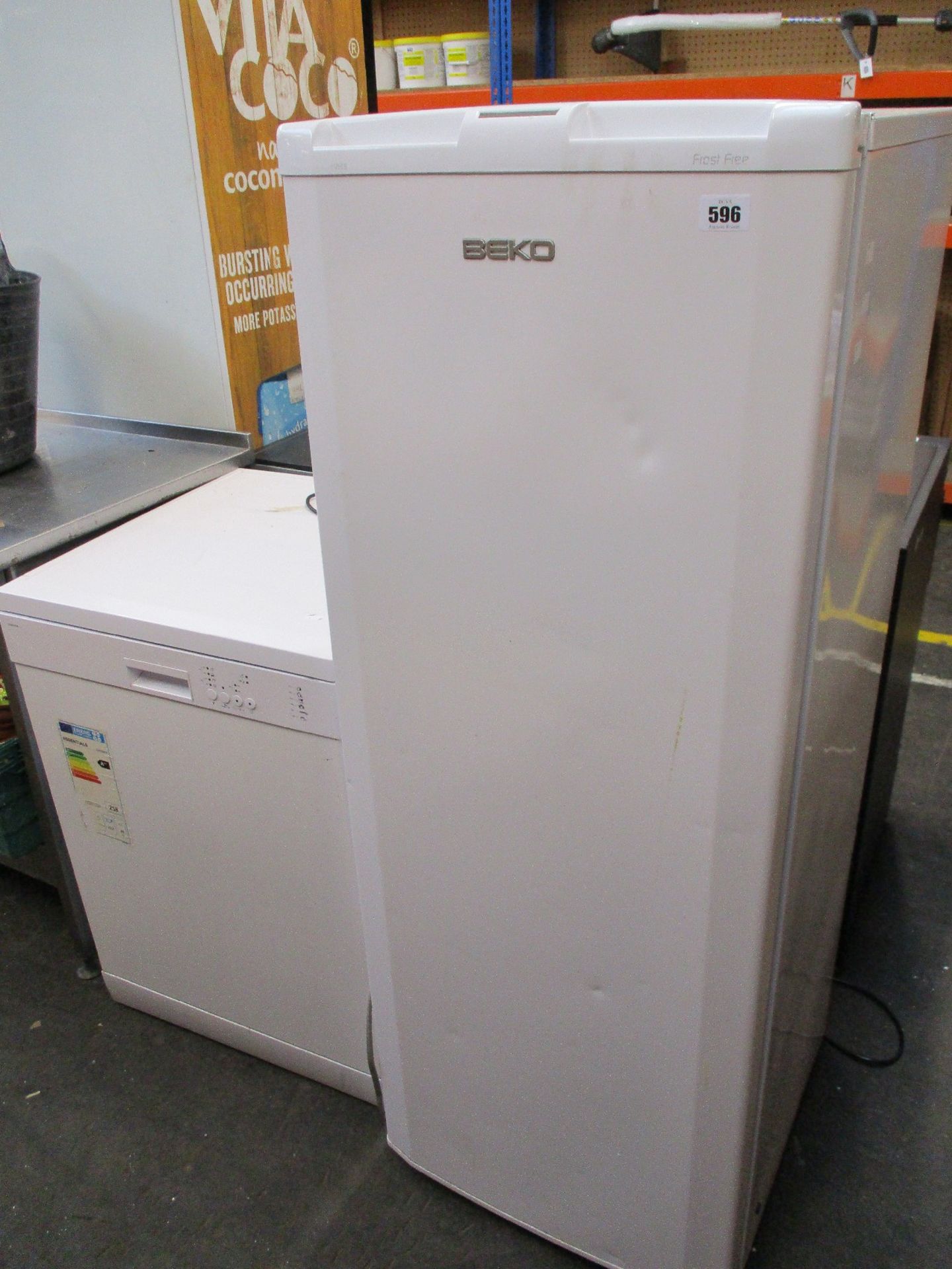 A pre-owned Beko tall freezer together with a Curry's domestic dishwasher (CDW60W18).