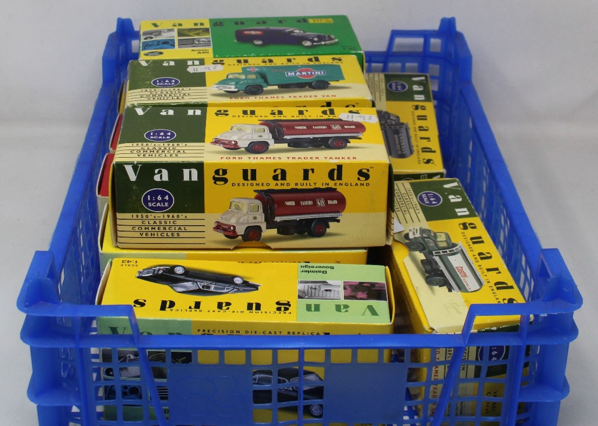 Ten Vanguard model cars from 1:43 to 1:64 scale. To include 1:43 scale: Daimler Sovereign, Austin