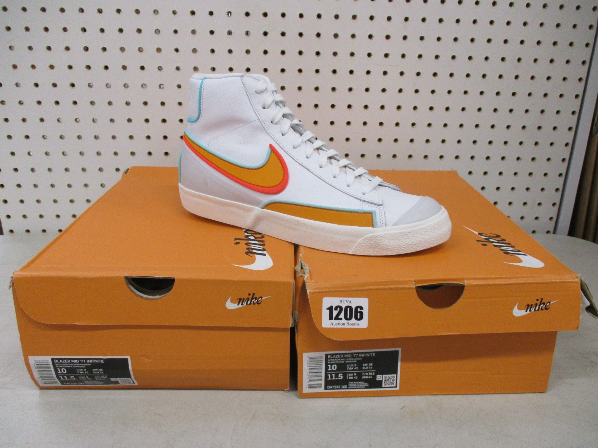 Two pairs of as new Nike Blazer Mid '77 Infinite trainers (UK 9).