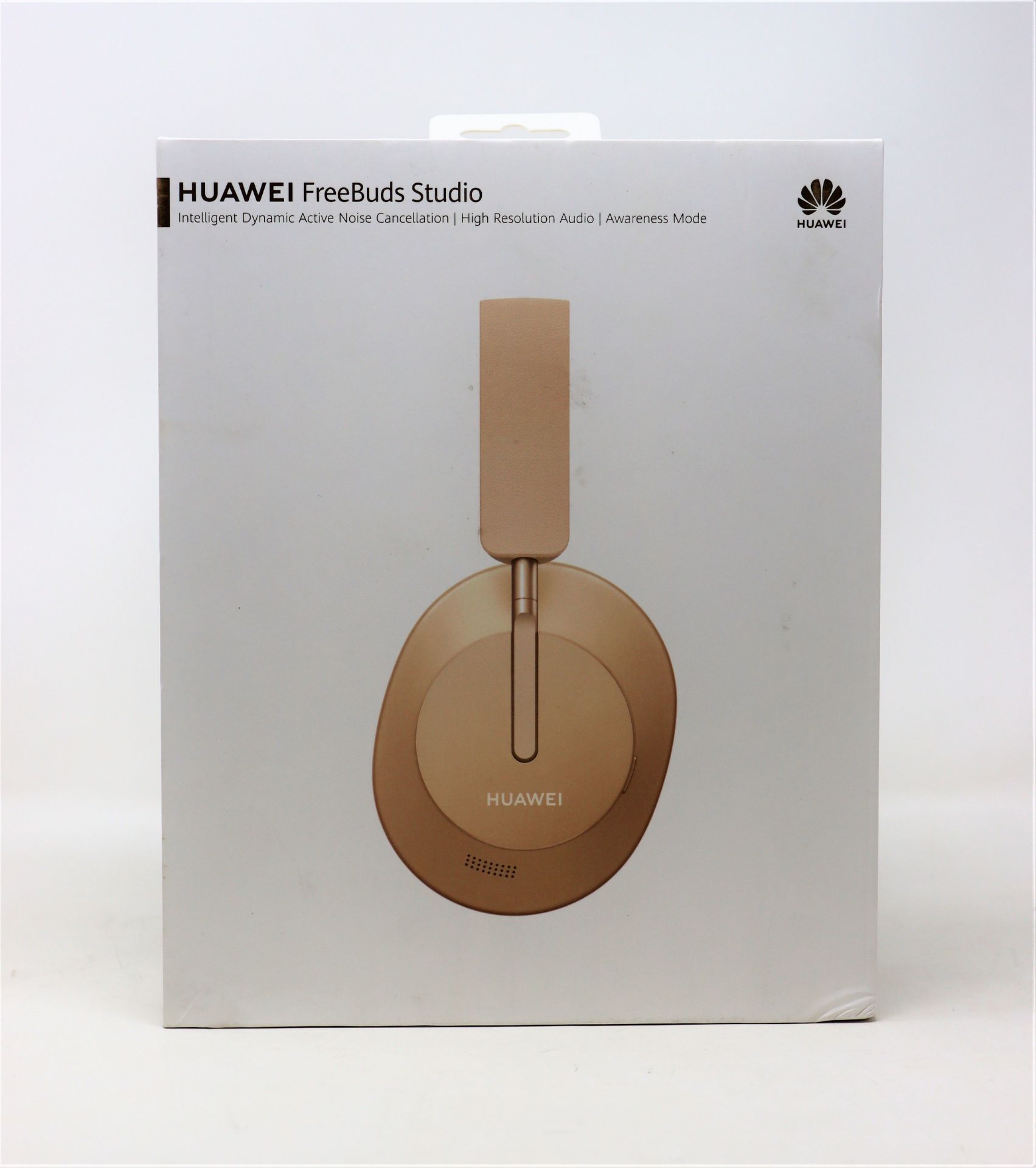 A pre-owned pair of Huawei FreeBuds Studio Over Ear Bluetooth Headphones in Gold with storage