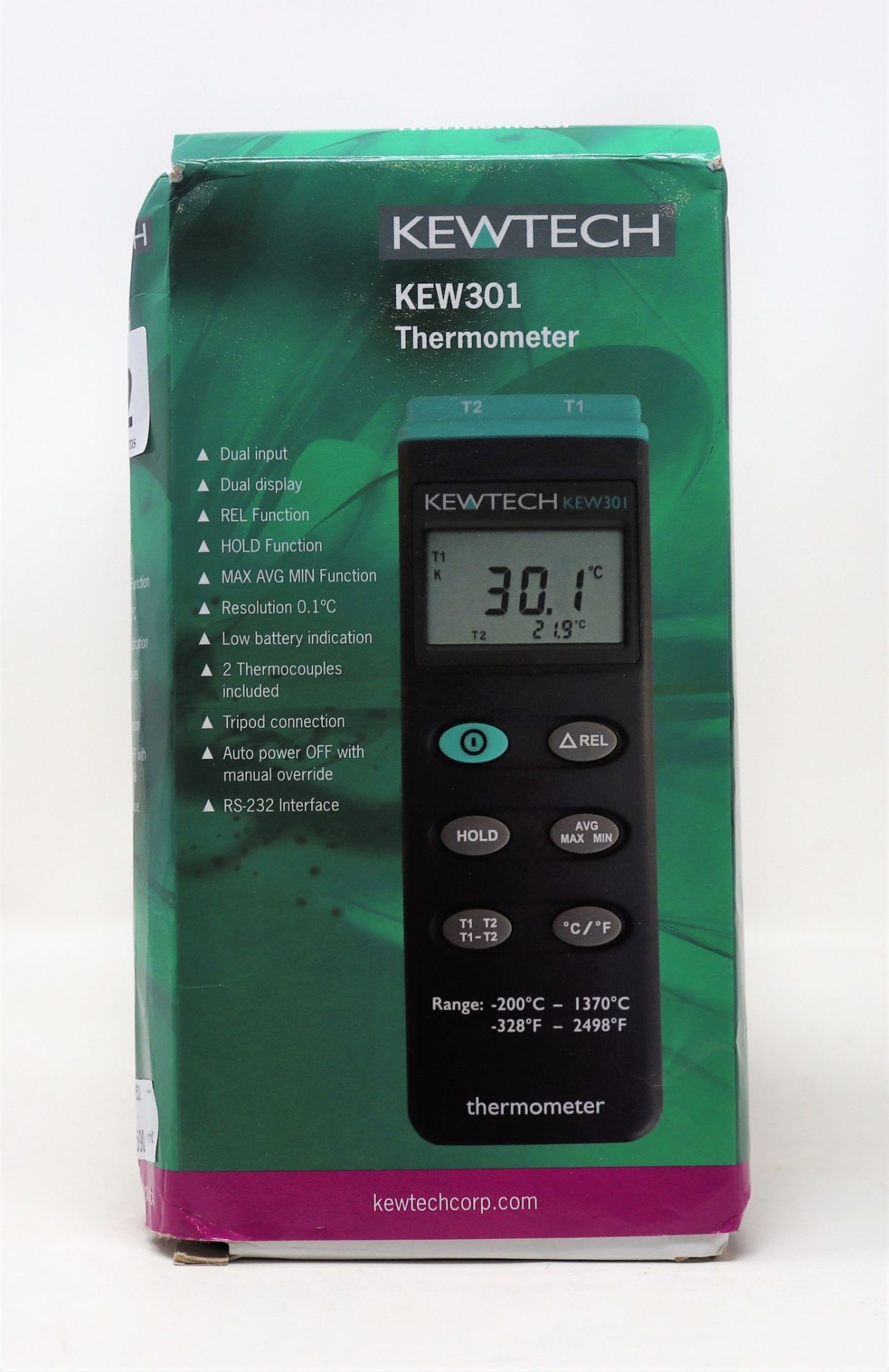 A pre-owned Kewtech KEW301 Dual Channel Thermocouple Thermometer (Box opened, some damage to box).