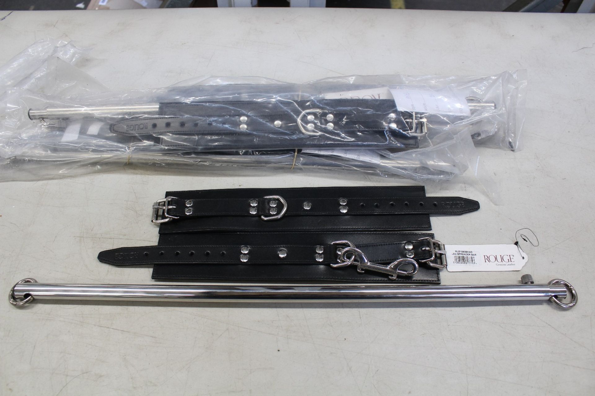 Four as new Rouge bondage adjustable leg spreader bars with cuffs (Over 18s only).