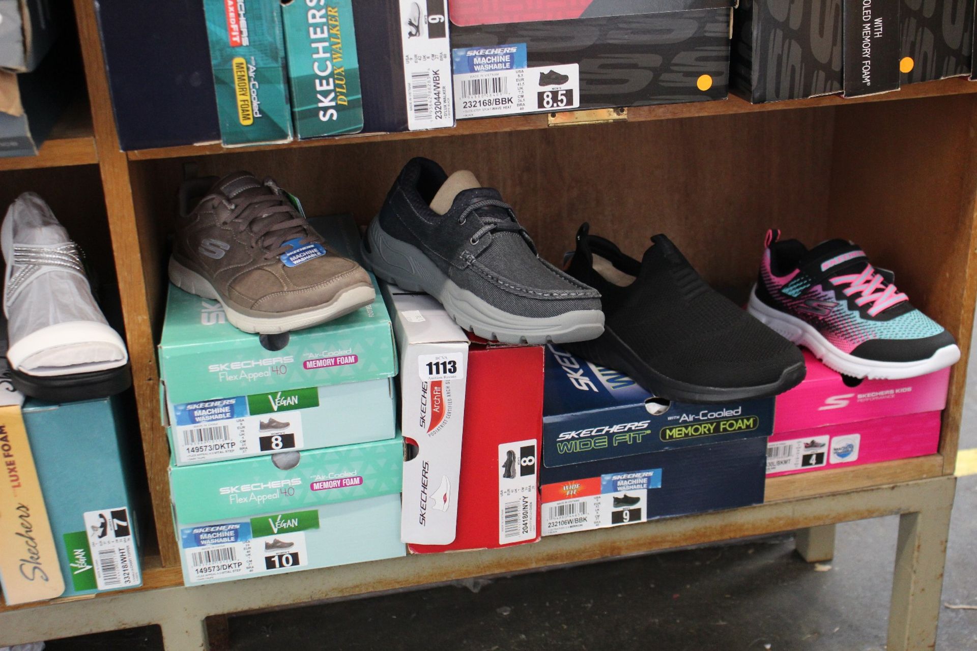 Five pairs of assorted as new Skechers footwear.