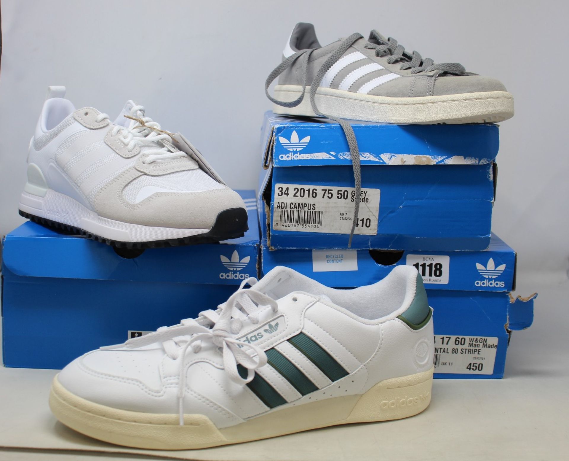 Three pairs of as new Adidas trainers; Campus (UK 7), ZX 700 HD (UK 8) and Continental 80 Stripe (UK