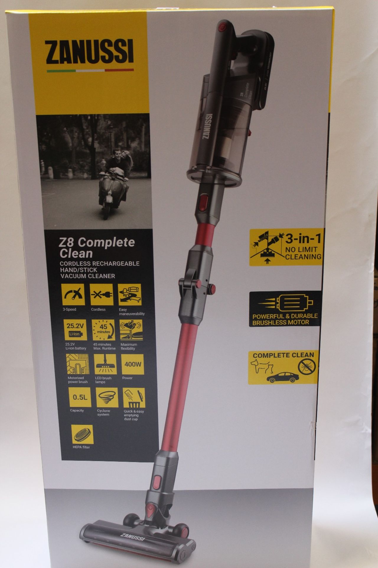 A new Zanussi Red Z8 Complete Clean cordless rechargeable 400W, 0.05L foldable vacuum cleaner (