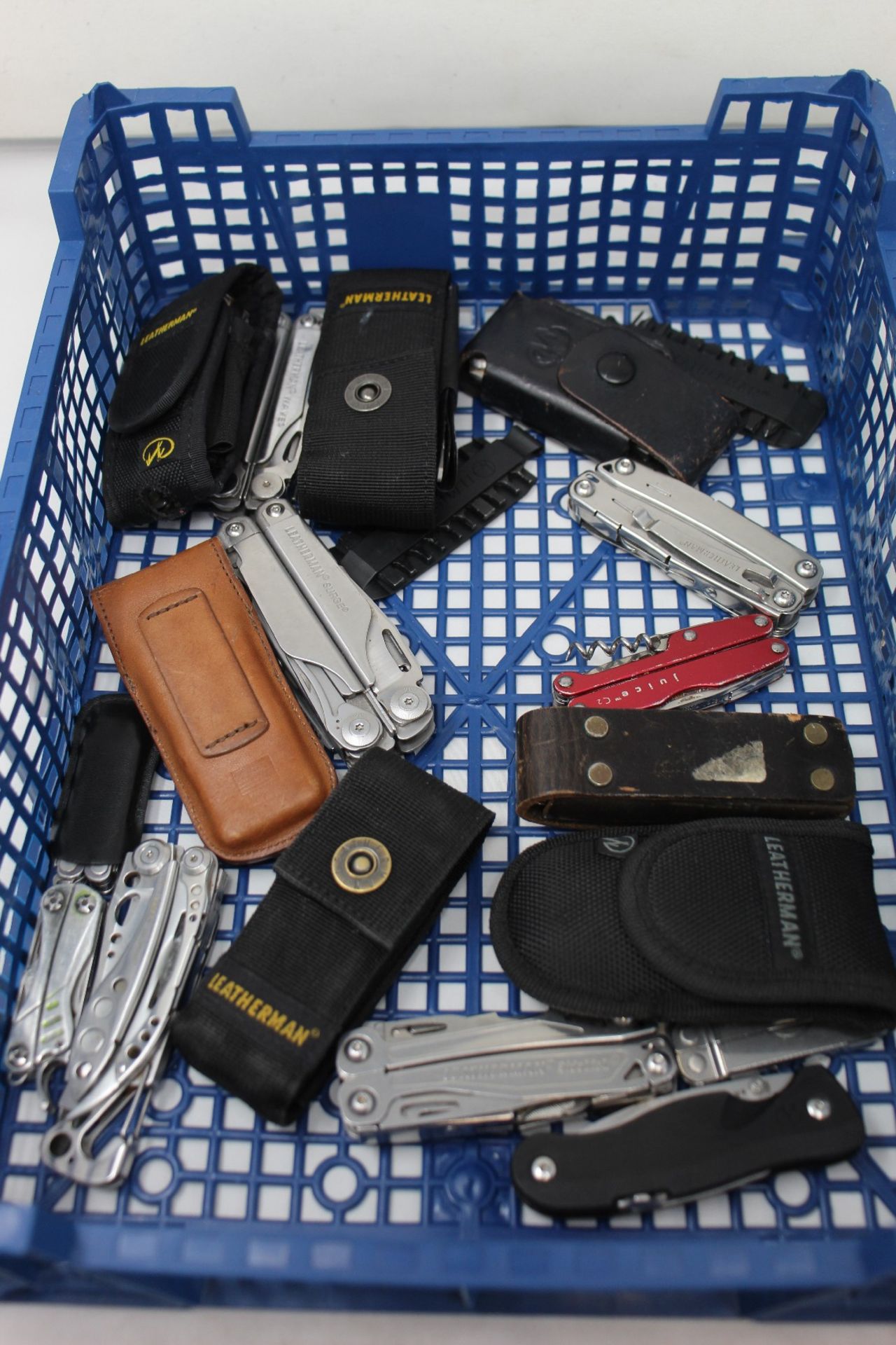 Seventeen assorted Leatherman multi-tools to include Surge, Waves, Wingman, Sidekick, Skeletool