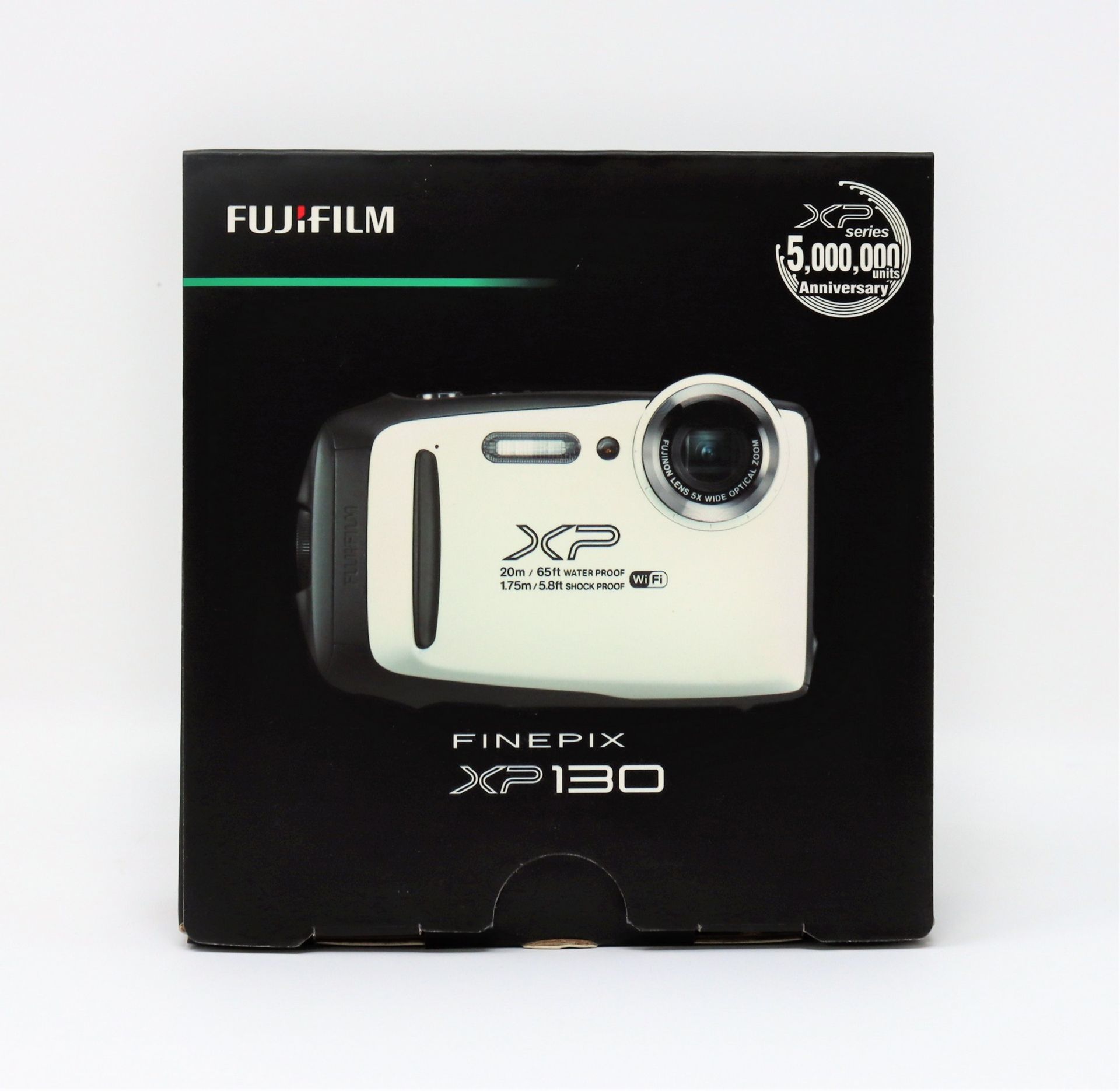 A boxed as new Fujifilm FinePix XP130 16.4MP Waterproof Camera in White (Two pin plug).