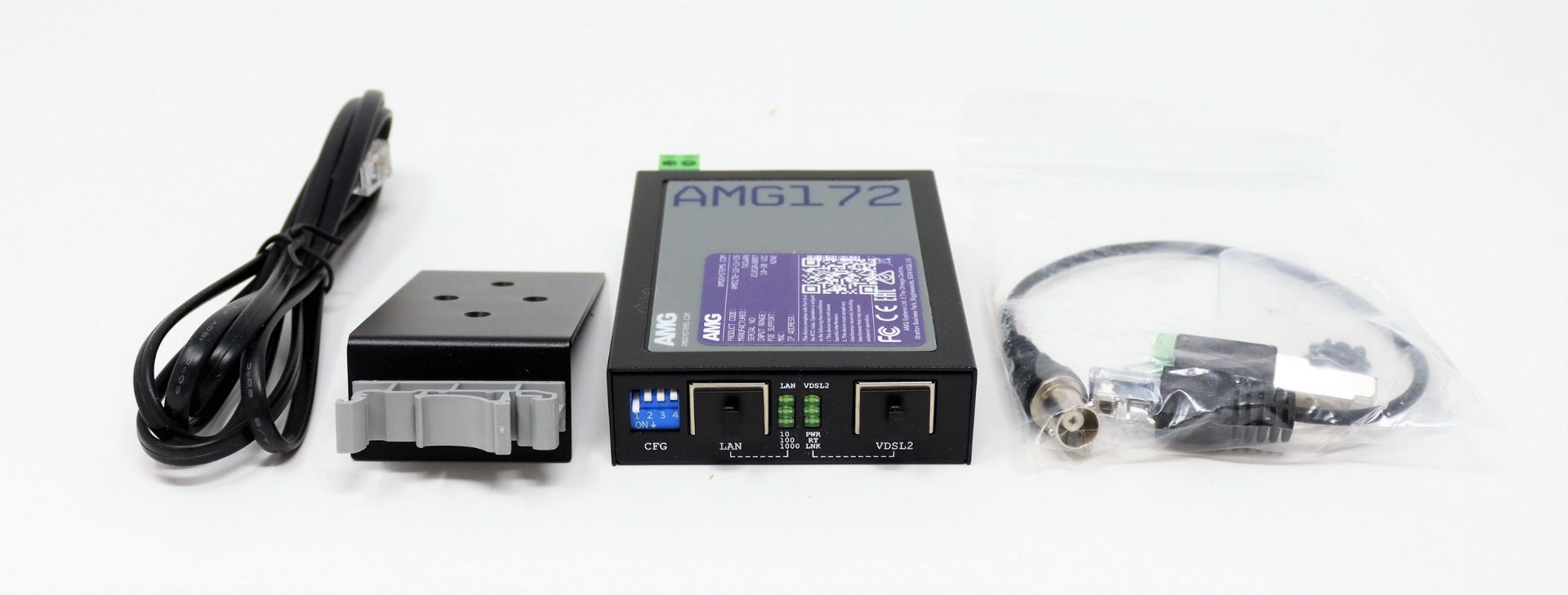 A boxed as new AMG Systems Industrial VDSL2 Ethernet Extender (P/N: AMG172-1G-1V-DS).