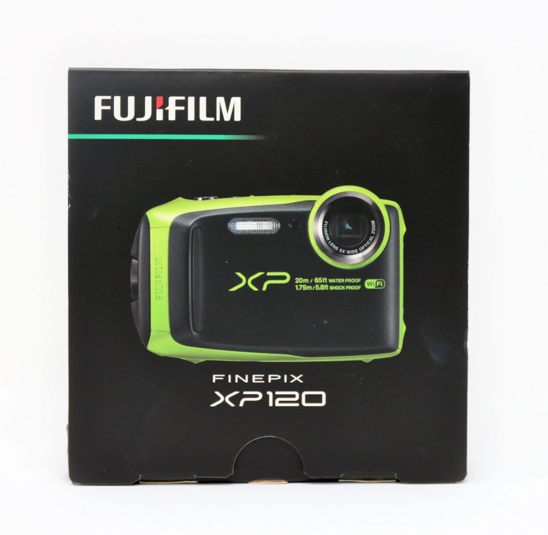 A boxed as new Fujifilm Finepix XP120 Camera in Lime Green (Two pin plug).