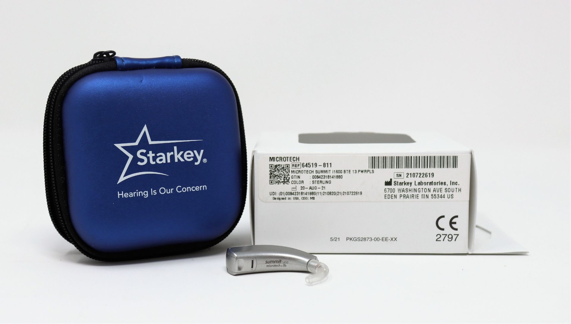 A boxed as new Starkey Summit BTE Power Plus 13 Hearing Aid in Sterling (REF: 64519-811).